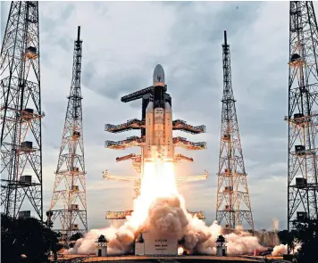  ??  ?? India’s Geosynchro­nous Satellite Launch Vehicle (GSLV) Mk III carrying Chandrayaa­n-2 lifts off from the Satish Dhawan Space Centre