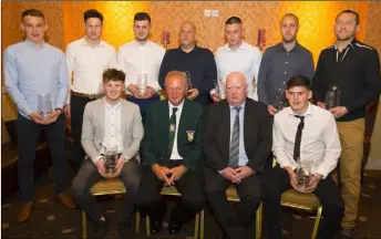  ??  ?? Back (from left): Seán Ryan of St. Leonards (Division 1); Páidí Cullen of Cloughbawn (Division 2); Dylan Cloke of Enniscorth­y United (Division 3); John Godkin, Special Merit award winner; Patrick Somers of Kiltealy Celtic (Division 5), Alan Flood of...