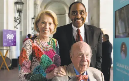  ??  ?? Above from left to right: Chief of Protocol for the City and County of San Francisco Charlotte Shultz, CEO and President of the Silicon Valley Community Foundation Emmett Carson and former U.S. Secretary of State George Shultz attend the gala. All...