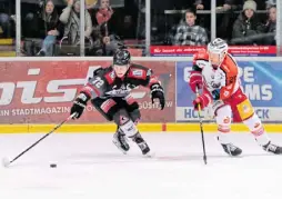  ?? Foto: Nina Sulzer ?? Kennt das Herforder Eis: Nick Walters (r.) spielte in der letzten Saison mit den Saale Bulls Halle gegen den HEV.