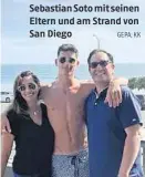  ?? GEPA; KK ?? Sebastian Soto mit seinen Eltern und am Strand von San Diego