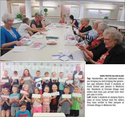  ?? NEWS PHOTOS GILLIAN SLADE ?? Top: Handwritte­n, old fashioned letters are bringing joy and bridging the generation gap between Grade 3 students at Irvine School and seniors in Medicine Hat. Residents at Chinook Village read letters that have just arrived from their pen pals in...