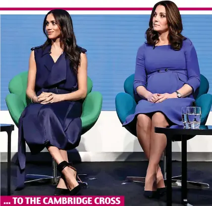  ??  ?? Now and then: Meghan sits modestly with the Duchess of Cambridge. Far left, a more relaxed posture