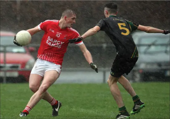  ??  ?? Pierce Lalor of Luke O’Tooles and Daniel Coyne of St Kevin’s in action during their U-20 Championsh­ip match.