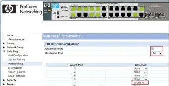  ??  ?? Port-mirroring wordt afhankelij­k van de fabrikant van de switch anders ingeschake­ld. Hier een voorbeeld voor een switch van HP. Ongeacht de fabrikant dien je zeer zorgvuldig te controlere­n of je de bron- en doelpoort correct hebt genoteerd voordat je de switch instelt, aangezien fouten onaangenam­e gevolgen kunnen hebben.