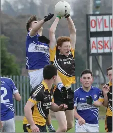  ??  ?? John Kavanagah (Kilrush) and Eoghan Herlihy (Oylegate-Glenbrien) contesting a high ball.