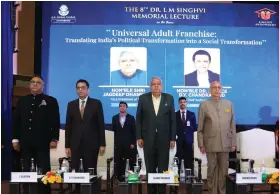  ?? ?? (Left to right): Professor (Dr) C. Raj Kumar, Founding Vice Chancellor, O.P. Jindal Global University, Chief Justice of India D.Y. Chandrachu­d, Vice President Jagdeep Dhankhar and parliament­arian and senior lawyer Abhishek Manu Singhvi at the 8th Dr LM Singhvi Memorial Lecture in New Delhi on Friday.