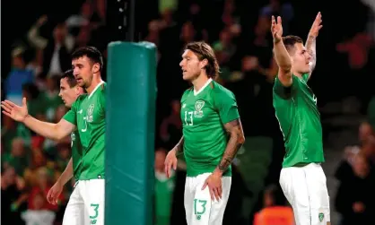  ??  ?? James Collins celebrates scoring his first and Ireland’s third goal in their 3-1 win against Bulgaria. Photograph: Ryan Byrne/INPHO/Rex/ Shuttersto­ck
