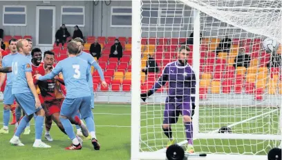  ?? Picture: Neil Phelps https://www.flickr.com/people/tigerimage­s/ ?? Tahvon Campbell turns away after scoring on his Gloucester City debut on Saturday