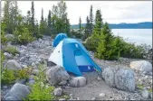  ?? PHOTO BY PHIL WARNER ?? The campers had to find a spot clear of rocks and moose droppings to pitch their tents.