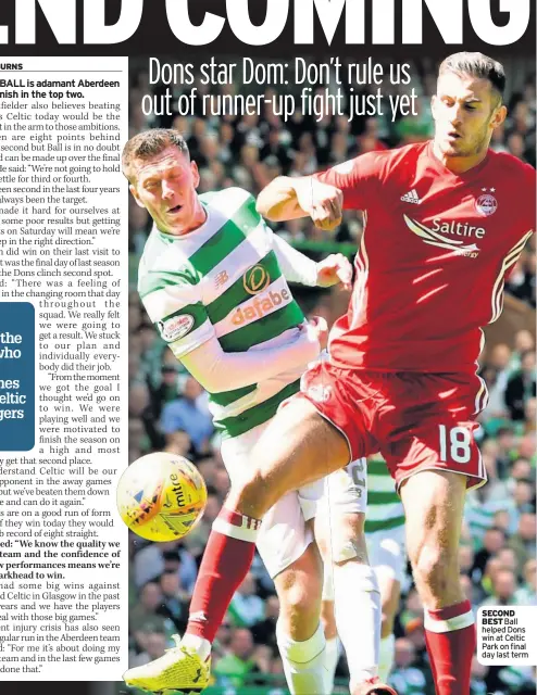  ??  ?? SECOND BEST Ball helped Dons win at Celtic Park on final day last term