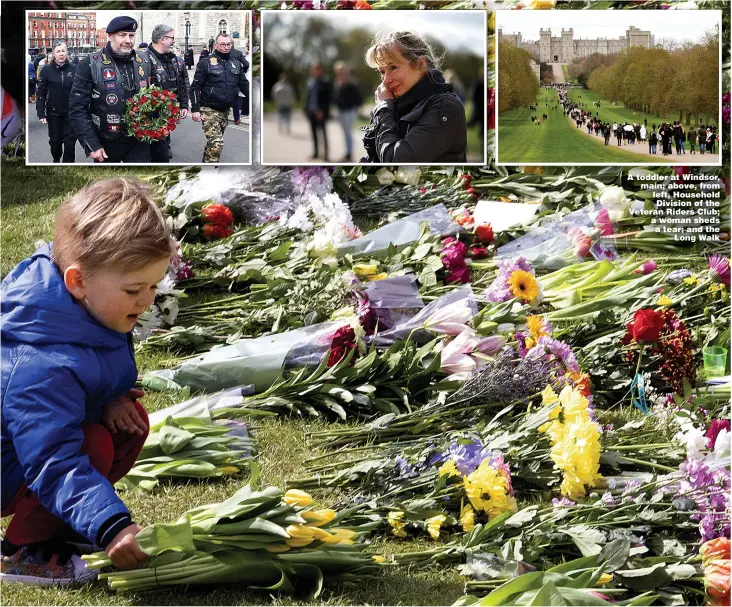  ??  ?? A toddler at Windsor, main; above, from left, Household Division of the Veteran Riders Club; a woman sheds a tear; and the Long Walk