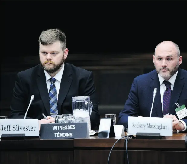  ?? SEAN KILPATRICK / THE CANADIAN PRESS ?? Jeff Silvester, left, and Zack Massingham of AggregateI­Q appear as witnesses at the Commons privacy and ethics committee in Ottawa on Tuesday. The committee is looking into the breach of personal informatio­n involving Cambridge Analytica and Facebook.