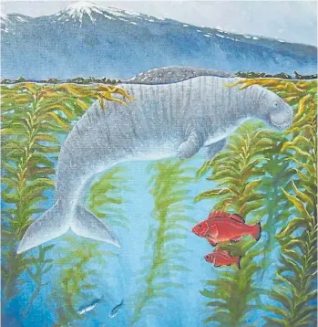  ??  ?? “Steller’s sea cow”, ilustració­n de la vaca marina del norte, de Alexander Lovegrove.