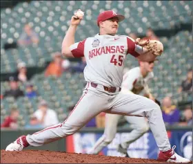  ?? (Special to the Democrat-Gazette/Chris Daigle) ?? Junior right-hander Kevin Kopps suffered the loss for Arkansas after allowing 3 unearned runs on 3 hits in 1 inning on the mound Friday.