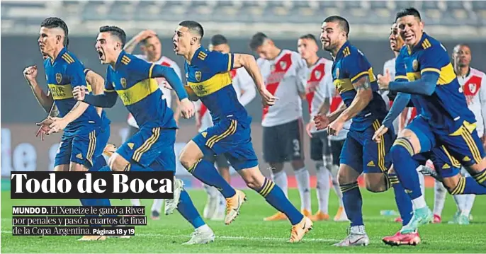  ?? AP ?? A LA CARRERA. Izquierdoz acaba de conectar el penal que le dio la victoria a Boca y se inicia el festejo. El partido fue chato y friccionad­o. En cuartos de final, el cruce será con Patronato.