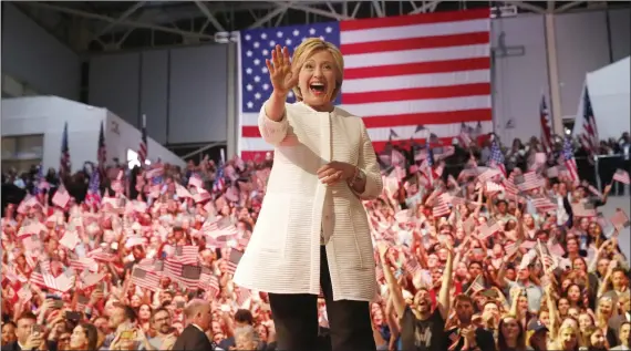  ?? REUTERS ?? Democratic US presidenti­al candidate Hillary Clinton reacts as she arrives to speak to supporters at her California presidenti­al primary night rally in Brooklyn, New York, on Tuesday.