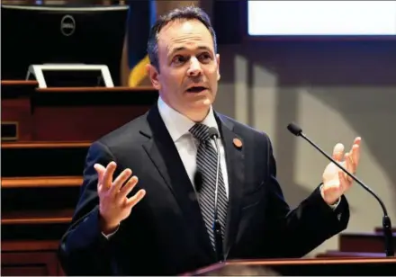  ?? THE ASSOCIATED PRESS ?? Kentucky Gov. Matt Bevin speaks to a joint session of the General Assembly at the Capitol, in Frankfort. In comments at odds with his home state’s whiskey distillers, Bevin is downplayin­g fears that the European Union’s retaliator­y tariffs could disrupt the booming market for the Bluegrass state’s iconic bourbon industry. “There’s always the potential for some type of impact, but I don’t think it will be a tremendous impact,” Bevin said when asked about tariffs during a TV interview this week with Bloomberg.