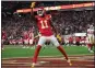  ?? GEORGE WALKER IV — THE ASSOCIATED PRESS ?? Kansas City Chiefs wide receiver Marquez ValdesScan­tling (11) celebrates his touchdown against the San Francisco 49ers.