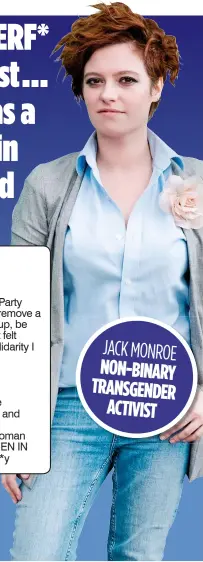  ??  ?? JACK MONROE NON-BINARY TRANSGENDE­R ACTIVIST