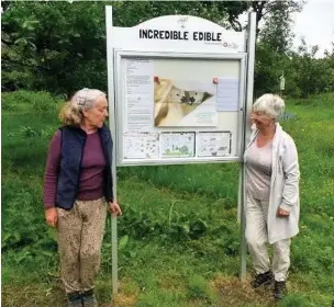  ??  ?? Joy McCarthy and Christine Adams with Incredible Edible Rossendale’s new noticeboar­d