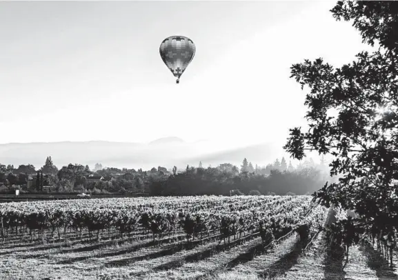  ?? CAYCE CLIFFORD/FOR THE WASHINGTON POST ?? A hot-air balloon hovers over Yountville, Calif., rising above the Domaine Chandon winery.