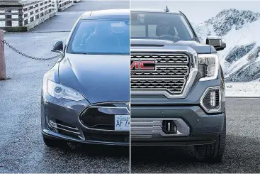  ?? — BRENDAN MCALEER (TESLA PHOTO), GMC (SIERRA PHOTO), COMPOSITE BY NICK TRAGIANIS ?? Tesla Model S, left, and GMC Sierra represent the two sides of automotive consumersh­ip.