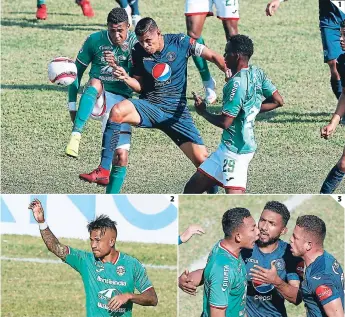  ??  ?? (1) Juan P. Montes cumplió 200 partidos con Motagua. (2) El Chino celebró así su gol a Motagua. (3) Allan Banegas y Marcelo Santos se calentaron en el encuentro y por poco se van a los golpes.