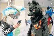  ?? OKLAHOMAN] ?? “Aspen” looks at his phone next to “Veil” at the AnthroExpo 2020 on Friday. [SARAH PHIPPS PHOTOS/ THE