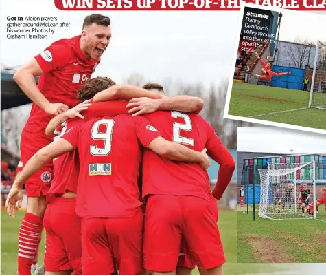  ?? ?? Get in Albion players gather around Mclean after his winner. Photos by Graham Hamilton
Stunner Danny Denholm’s volley rockets into the open net to the scoring