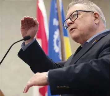  ?? BRANDON HARDER ?? Federal Minister of Public Safety Ralph Goodale speaks to members of the media at Regina City Hall on Tuesday about the federal carbon tax and the resignatio­n of Jody Wilson-raybould from cabinet.