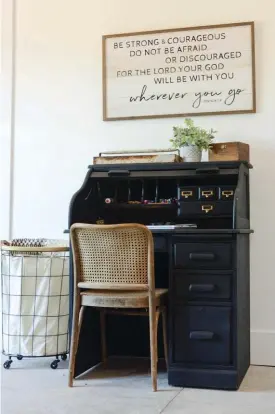  ??  ?? |OPPOSITE TOP AND ABOVE| PAINT MAKES PERFECT. Katie found the bed and desk at a thrift store and painted them both matte black to bring cohesion.|OPPOSITE FAR LEFT| BOXY BOOKSHELF. An old box hangs on the wall to add a bookshelf with vintage appeal.|OPPOSITE LEFT| SAVVY STORAGE. Old locker bins bring in the industrial vibe Katie wanted for her son’s room and keep his supplies within easy reach.