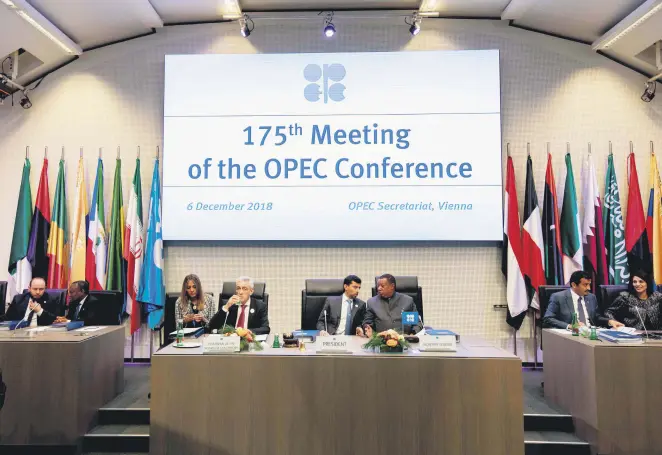  ??  ?? OPEC President Mohammad Sanusi Barkindo, third from right, and Energy Minister of the United Arab Emirates Suhail al-Mazrouei, fourth from right, opens the 175th OPEC Conference of Organizati­on of the Petroleum Exporting Countries (OPEC) in Vienna yesterday.