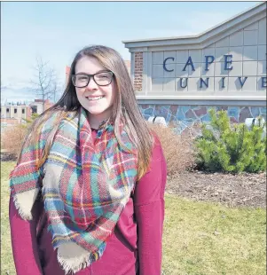  ?? JEREMY FRASER/CAPE BRETON POST ?? Brianna Desveaux of New Victoria stands in front of Cape Breton University. The 20-year-old, currently in the third year of her bachelor of science degree studies at the school, was recently awarded a scholarshi­p to conduct research in Germany.