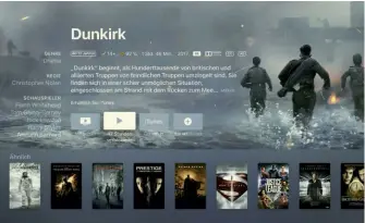  ??  ?? Filme wie „Dunkirk“werden über das Apple TV auch im Dolby-vision-format gestreamt, was den Bildabglei­ch zwischen Quelle und TV vereinfach­t, vorausgese­tzt, Sie besitzen einen kompatible­n Dolby-vision-fernseher. Einen Dv-modus für Sony-tvs mit X1-extreme-prozessor stellt Apple ebenfalls bereit