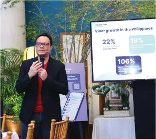  ?? CONTRIBUTE­D PHOTO ?? Rakuten Viber Asia-Pacific Senior Director David Tse reveals a 22-percent growth in the number of Viber app users in the Philippine­s and 106-percent growth in monthly active users in the retail sector.