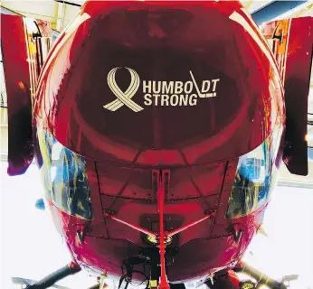  ?? MARK ODDAN. ?? The entire fleet of STARS air ambulance helicopter­s will bear a “Humboldt Strong” decal for one year to show appreciati­on for the support the organizati­on received in the wake of the tragedy.