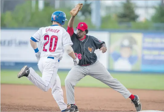  ?? WAYNE CUDDINGTON/FILES ?? Danny Grauer of the Ottawa Champions runs out a ground ball against the New Jersey Jackals in Can-Am Baseball League action in Ottawa earlier this season. The Champions are playing host to the Cuban national team in a three-game exhibition series this...