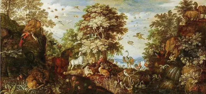  ?? ?? Orpheus bezaubert mit seinem Gesang die Tiere, 1627, Öl auf Holz, 62,0×131,5 cm, Mauritshui­s, Den Haag.