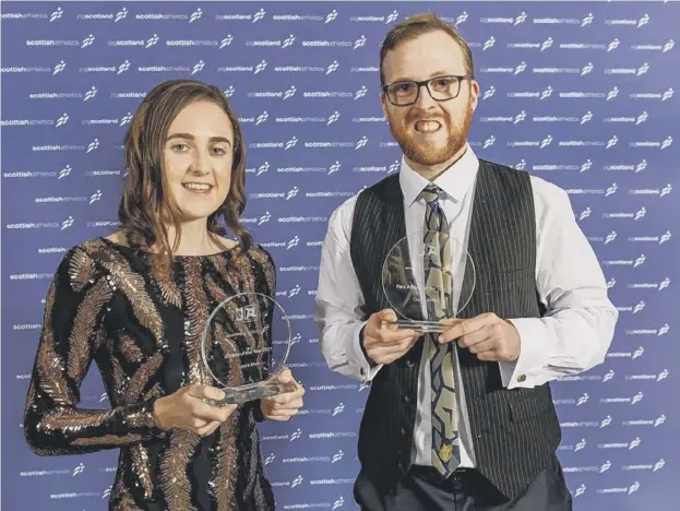  ?? ?? 0 Tokyo medallists Laura Muir and Owen Miller with their awards from Scottish Athletics at Saturday night’s ceremony in Glasgow