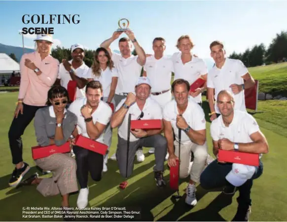  ??  ?? (L-R) Michelle Wie, Alfonso Ribeiro, Anastasia Ashley, Brian O'driscoll, President and CEO of OMEGA Raynald Aeschliman­n, Cody Simpson, Theo Gmur, Kat Graham, Bastian Baker, Jeremy Roenick, Ronald de Boer, Didier Defago