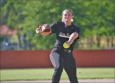  ?? Terrance Armstard/News-Times ?? Lefthanded heat: Smackover senior Mallory Brewer winds up for a pitch in action this season against El Dorado. The 23-2 Lady Bucks travel to Drew Central today.They host Junction City on Tuesday on Senior Night.