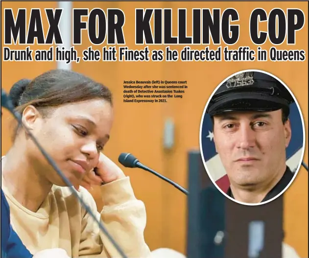  ?? ?? Jessica Beauvais (left) in Queens court Wednesday after she was sentenced in death of Detective Anastasios Tsakos (right), who was struck on the Long Island Expressway in 2021.