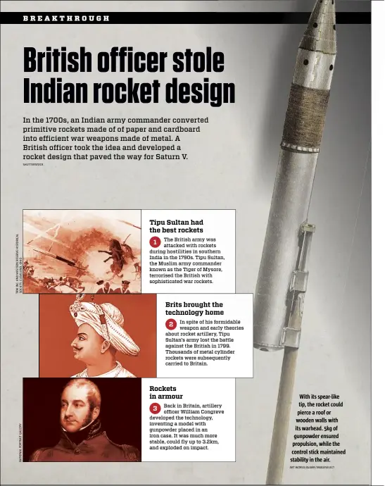  ?? ART WORLD/ALAMY/IMAGESELEC­T ?? With its spear-like tip, the rocket could pierce a roof or wooden walls with its warhead. 5kg of gunpowder ensured propulsion, while the control stick maintained stability in the air.
