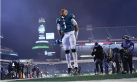  ?? Photograph: Matt Slocum/AP ?? Eagles quarterbac­k Jalen Hurts celebrates as he leaves the field after Tuesday’s home win over Washington.