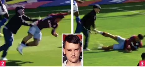  ??  ?? Cowardly attack: A Birmingham City fan, named as Paul Mitchell, 27 (inset) races up behind Aston Villa captain Jack Grealish before knocking him down yesterday