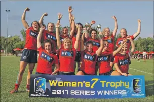  ??  ?? Helen Nelson with the rest of the Scotland squad who lifted the Women’s Rugby Europe Trophy in Hungary recently.