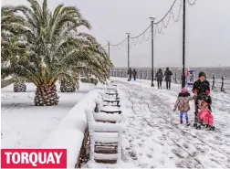  ??  ?? Far from balmy: Snow flurries amid the palm trees TORQUAY