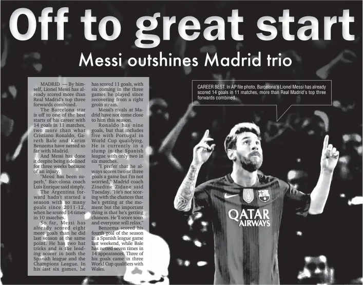  ??  ?? CAREER BEST. In AP file photo, Barcelona's Lionel Messi has already scored 14 goals in 11 matches, more than Real Madrid's top three forwards combined.