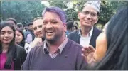  ??  ?? AAP leader Adarsh Shastri celebrates after his poll victory. RAJ K RAJ